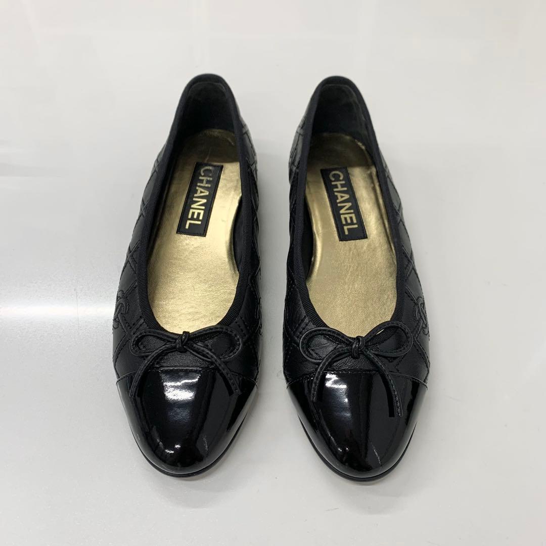 Chanel CC Logo Quilted Leather Patent Ribbon Ballet Shoes — view 2