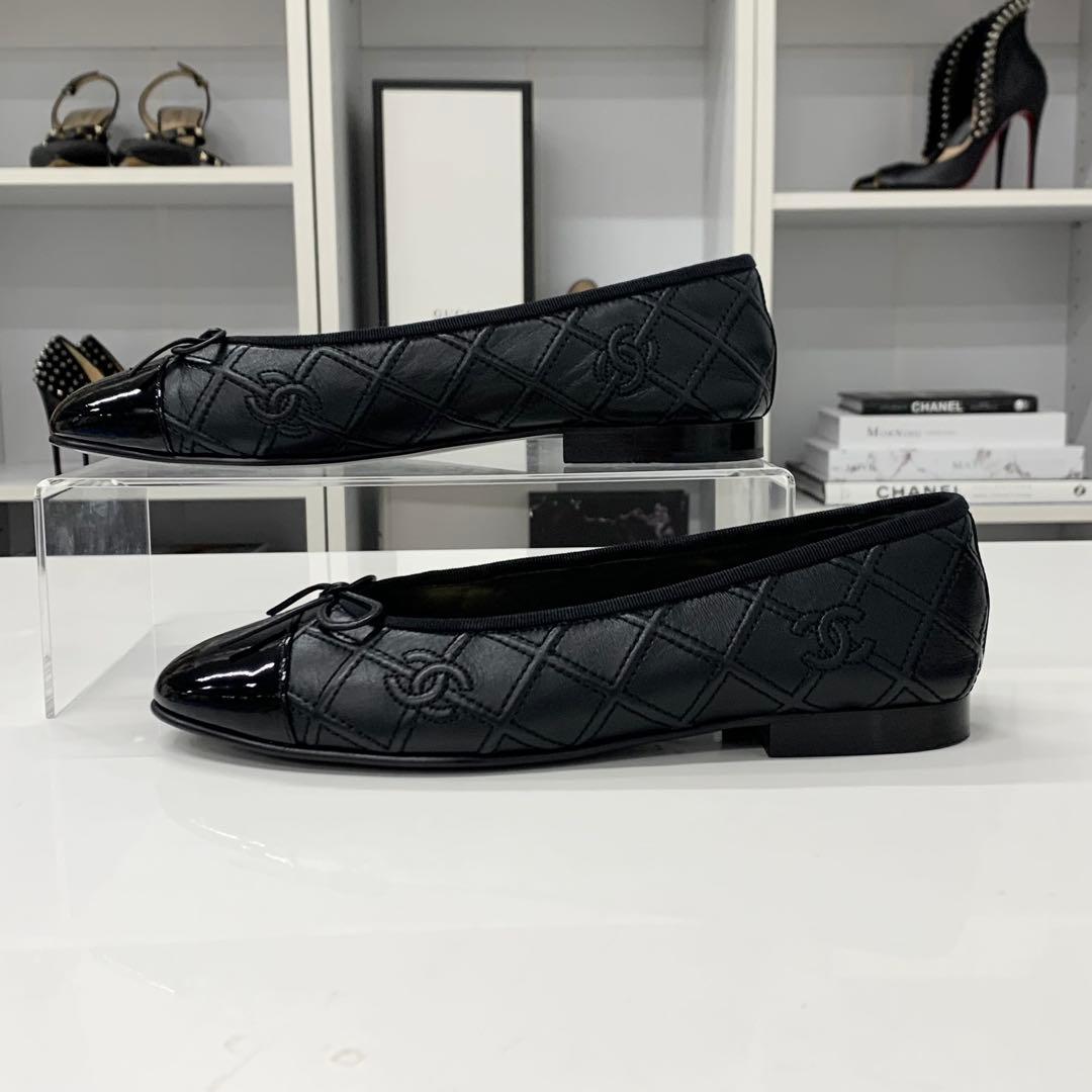 Chanel CC Logo Quilted Leather Patent Ribbon Ballet Shoes — view 3