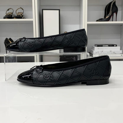 Chanel CC Logo Quilted Leather Patent Ribbon Ballet Shoes — view 3