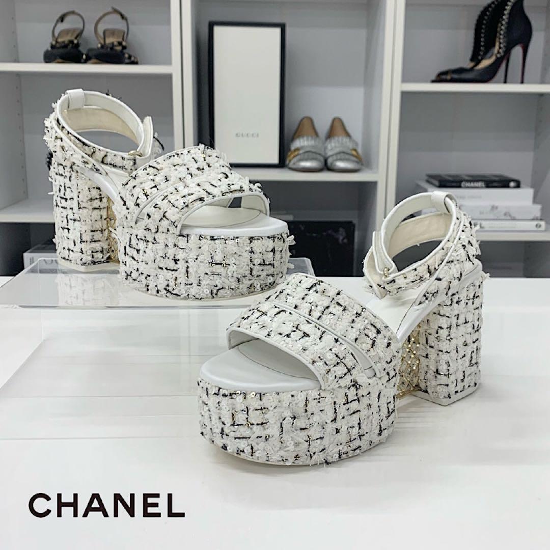 Chanel Tweed Glitter CC Logo Strap Velcro Sandals