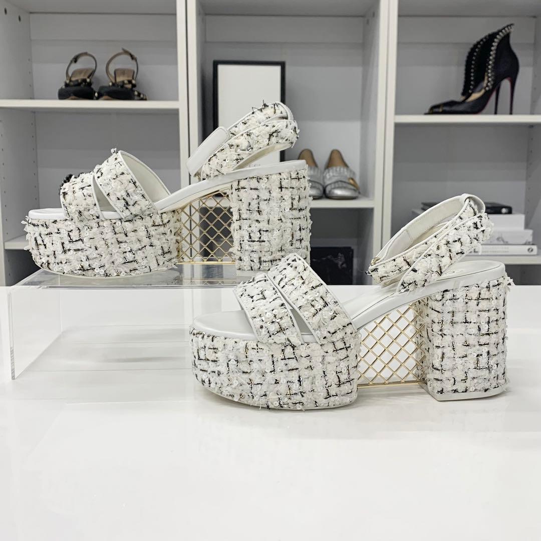 Chanel Tweed Glitter CC Logo Strap Velcro Sandals — view 2