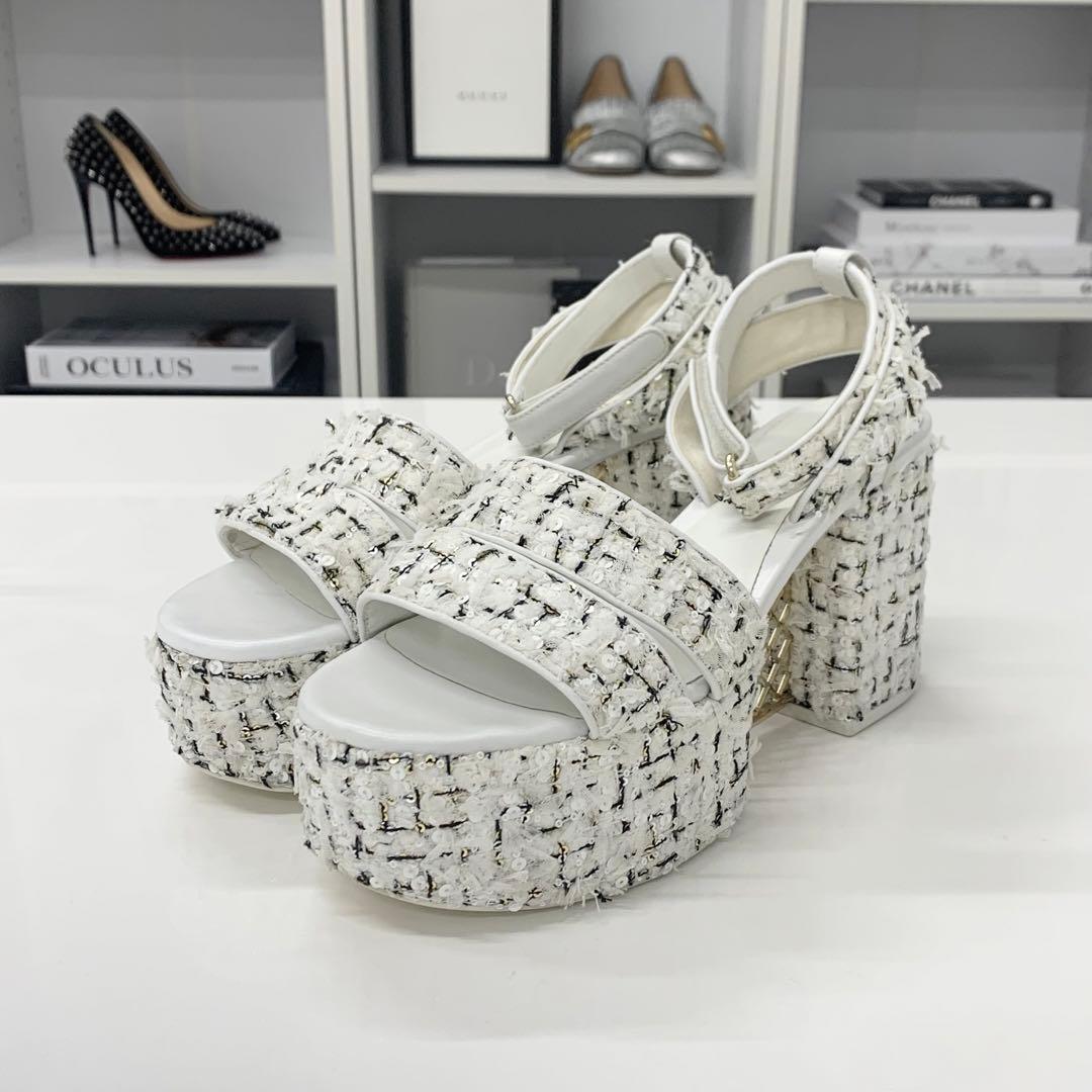 Chanel Tweed Glitter CC Logo Strap Velcro Sandals — view 3