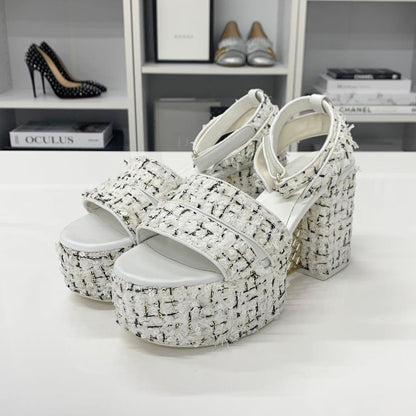 Chanel Tweed Glitter CC Logo Strap Velcro Sandals — view 3