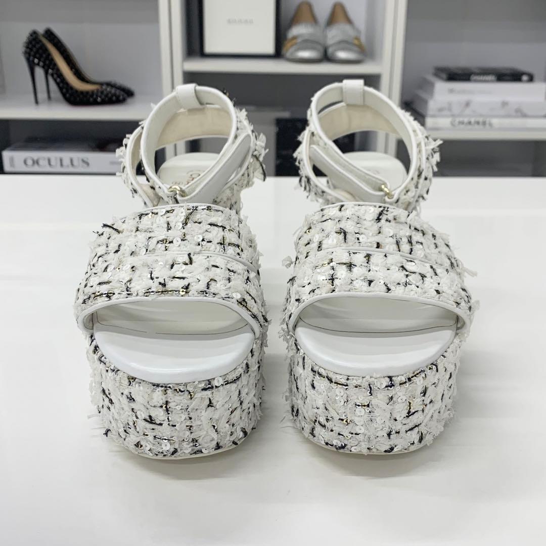 Chanel Tweed Glitter CC Logo Strap Velcro Sandals — view 4