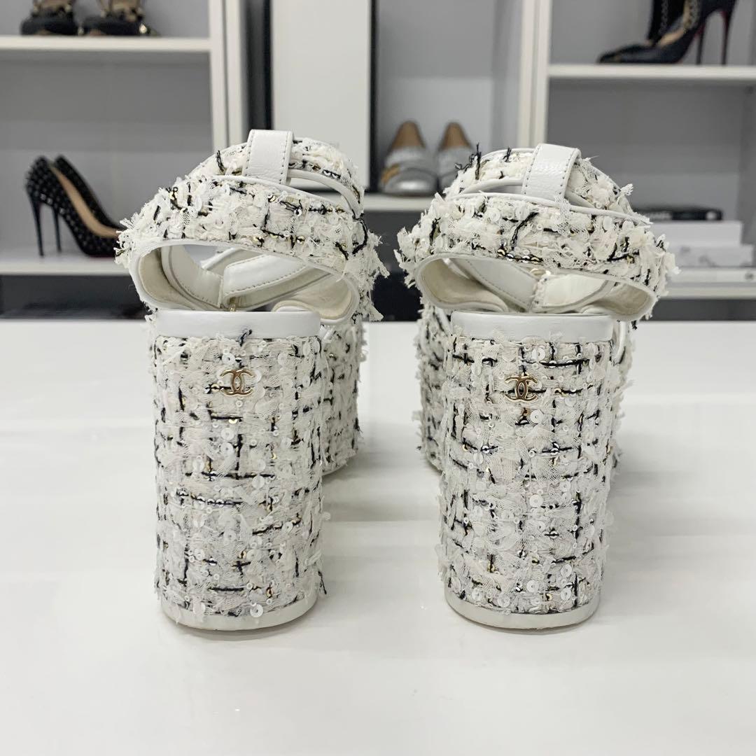 Chanel Tweed Glitter CC Logo Strap Velcro Sandals — view 6