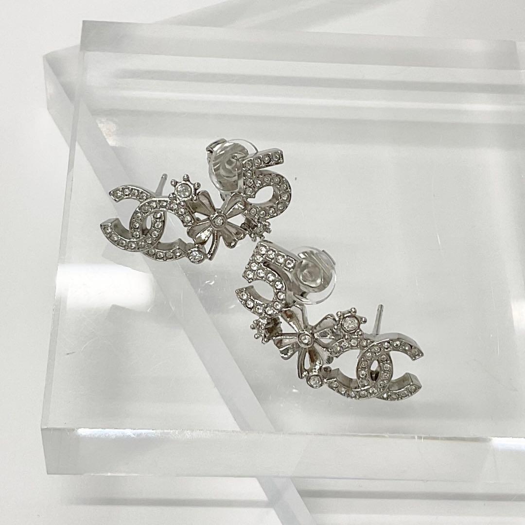 Chanel Earrings Cocomark No5 Clover Rhinestone Silver