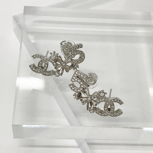 Chanel Earrings Cocomark No5 Clover Rhinestone Silver