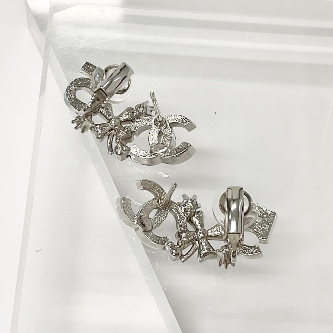 Chanel Earrings Cocomark No5 Clover Rhinestone Silver