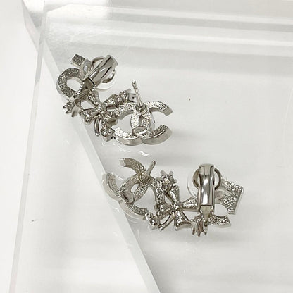 Chanel Earrings Cocomark No5 Clover Rhinestone Silver
