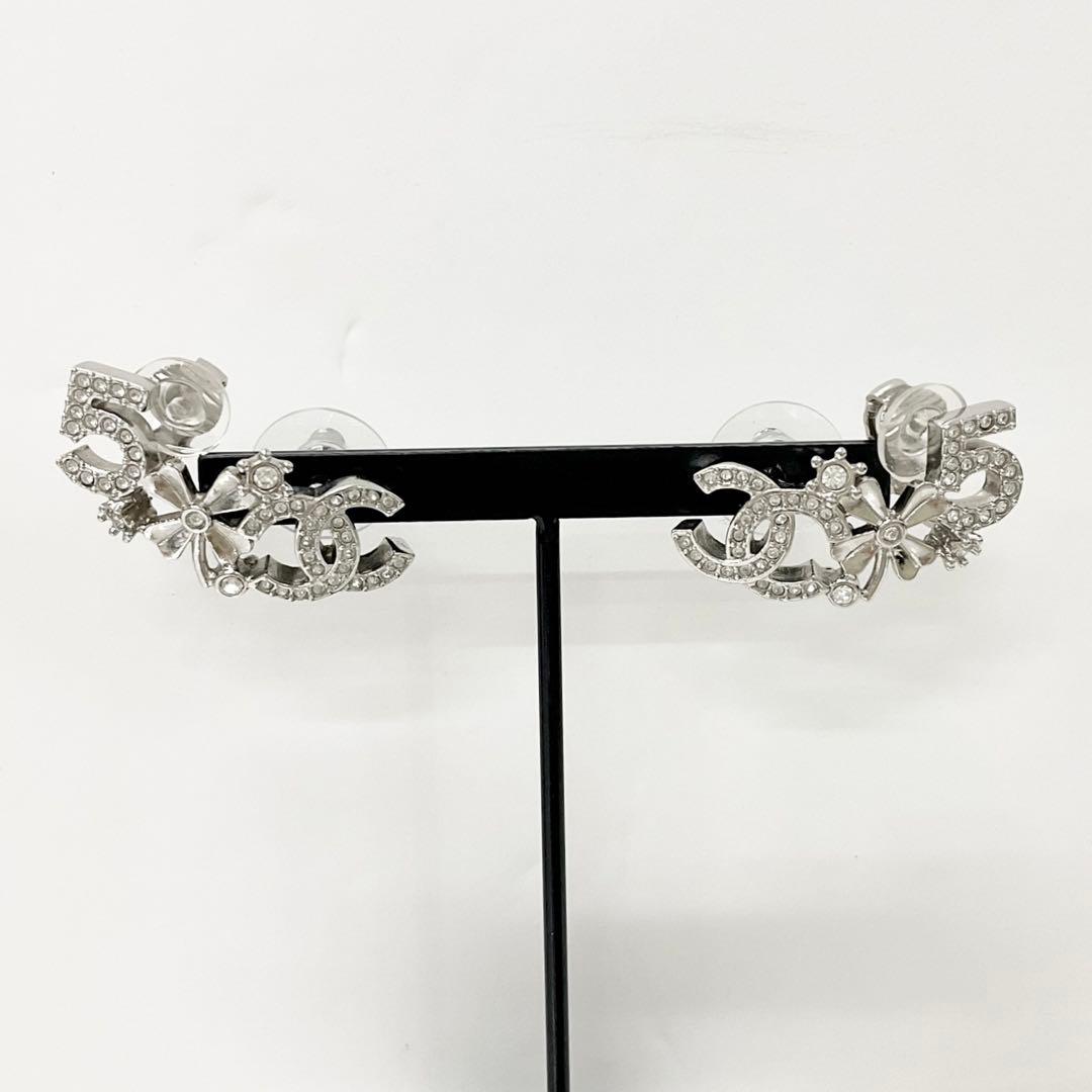 Chanel Earrings Cocomark No5 Clover Rhinestone Silver