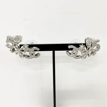 Chanel Earrings Cocomark No5 Clover Rhinestone Silver