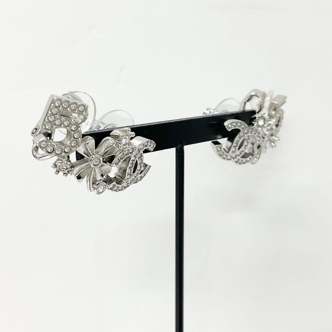 Chanel Earrings Cocomark No5 Clover Rhinestone Silver