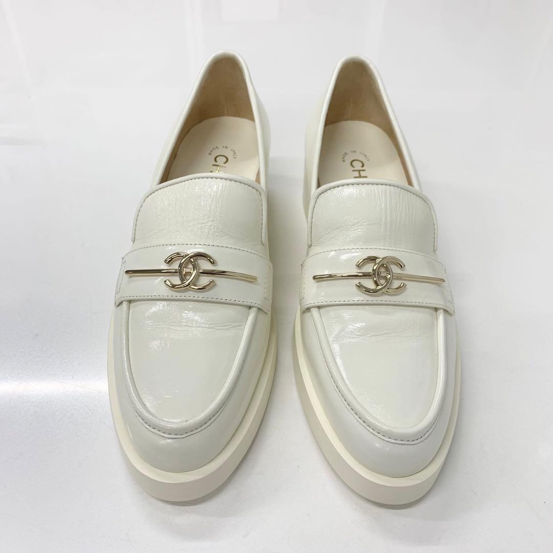 Chanel Coco Mark Leather Loafers White