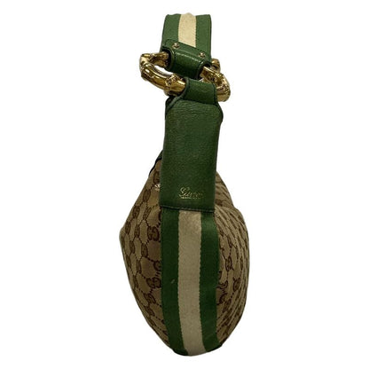 Gucci Shoulder Bag GG Patternbamboo 131036 Beige Dark Brown And Green Leather