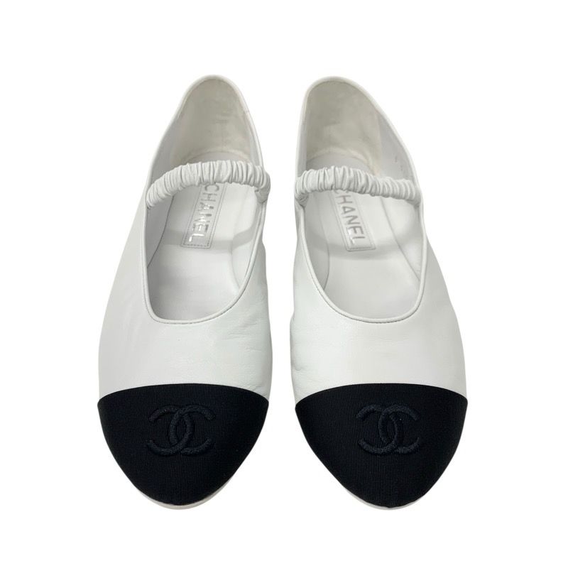 Chanel Flat Shoes Leather Fabric White Black White Mary Jane Here Mark Ballet