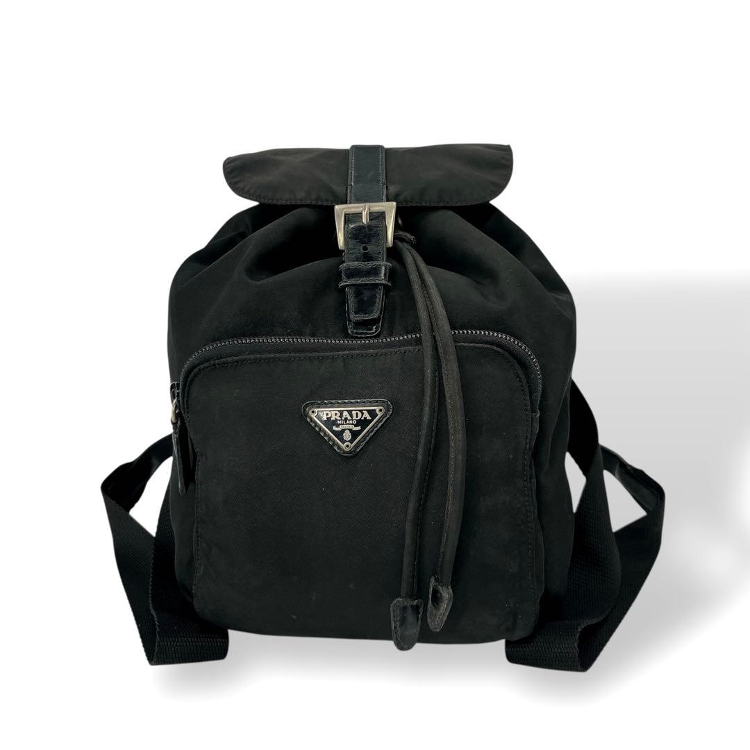 Prada Draw String Mini Backpack Triangle Logo Backpack Black Nylon Leather Y2k