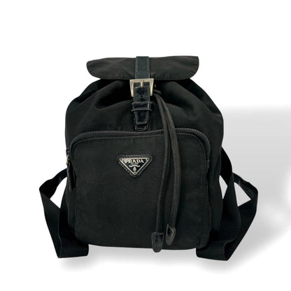 Prada Draw String Mini Backpack Triangle Logo Backpack Black Nylon Leather Y2k