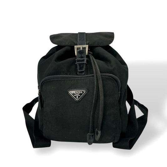 Prada Draw String Mini Backpack Triangle Logo Backpack Black Nylon Leather Y2k