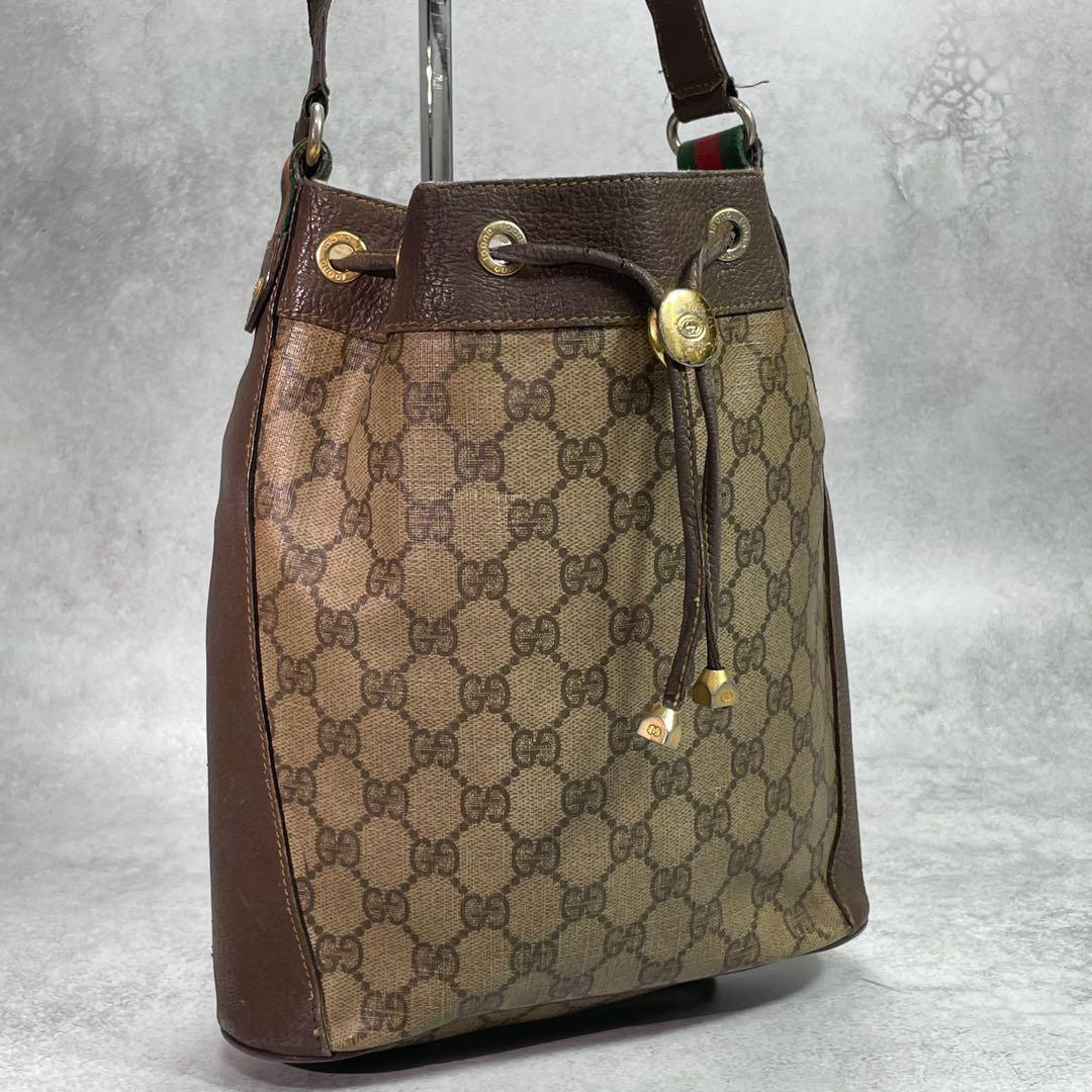 Gucci GG Sherry Line Shoulder Bag Brown Leather Drawstring