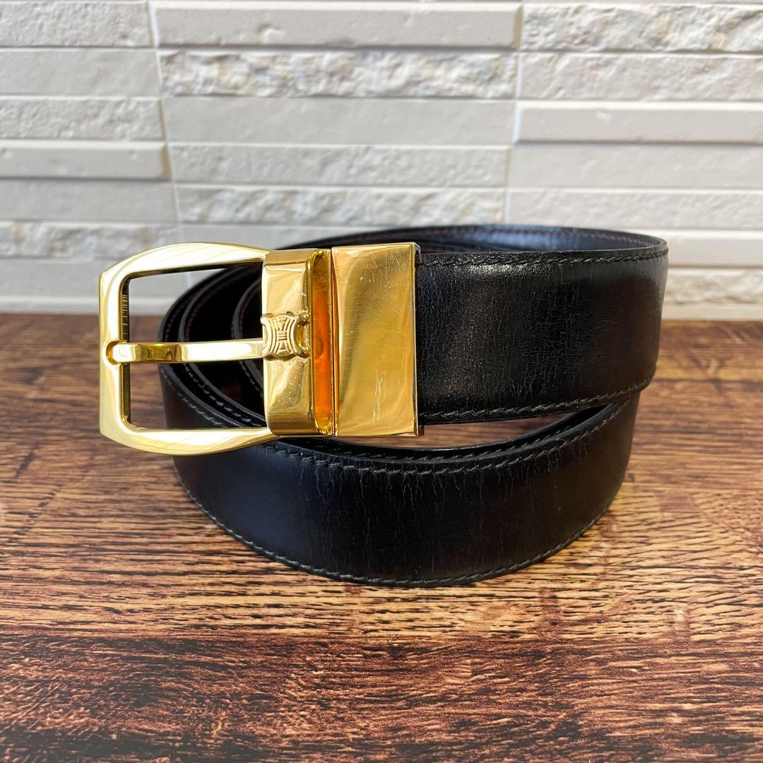 Celine Leather Triomphe Buckle Gold Belt Black