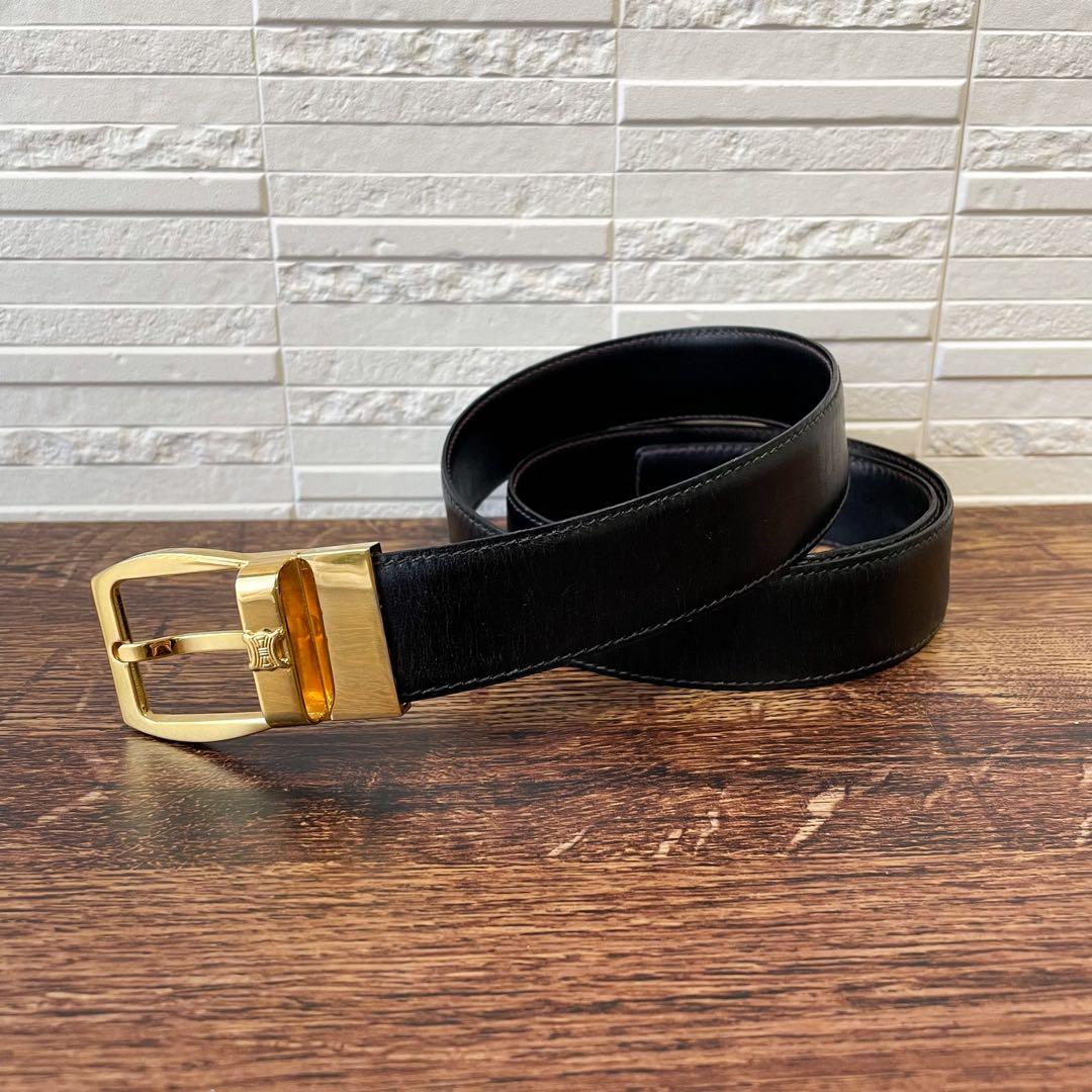 Celine Leather Triomphe Buckle Gold Belt Black — view 2