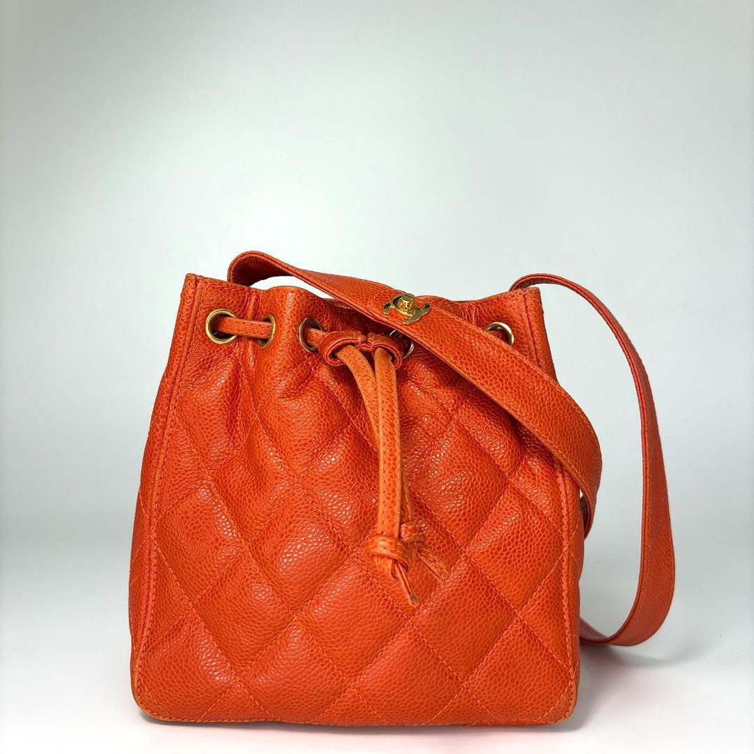 Chanel Super Caviar Leather Orange Shoulder Bag Drawstring