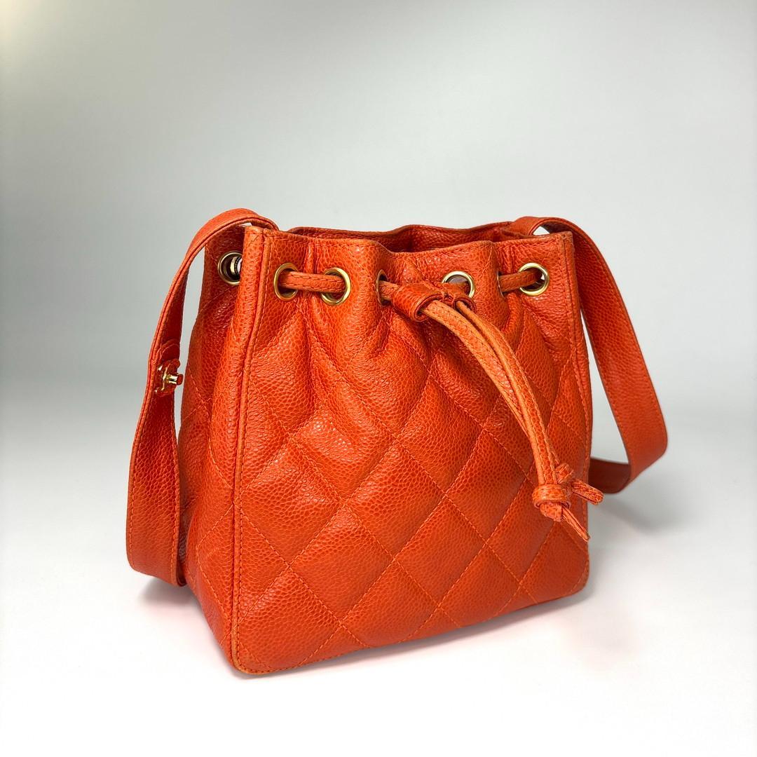 Chanel Super Caviar Leather Orange Shoulder Bag Drawstring — view 3