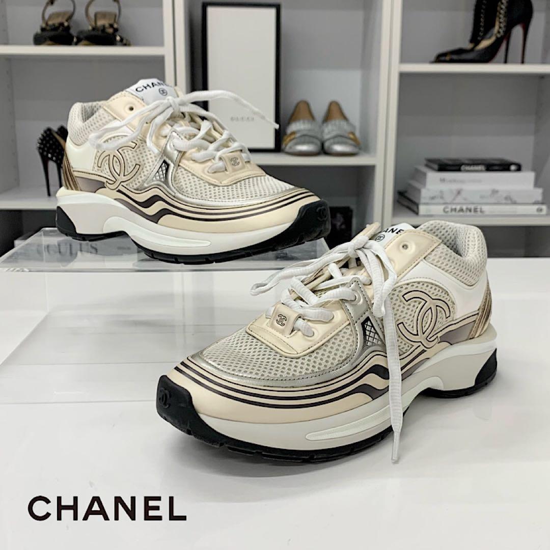 Chanel CC Logo Mesh Leather Sneakers Beige