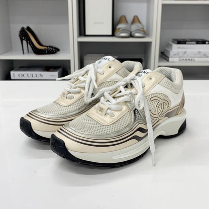 Chanel CC Logo Mesh Leather Sneakers Beige — view 2