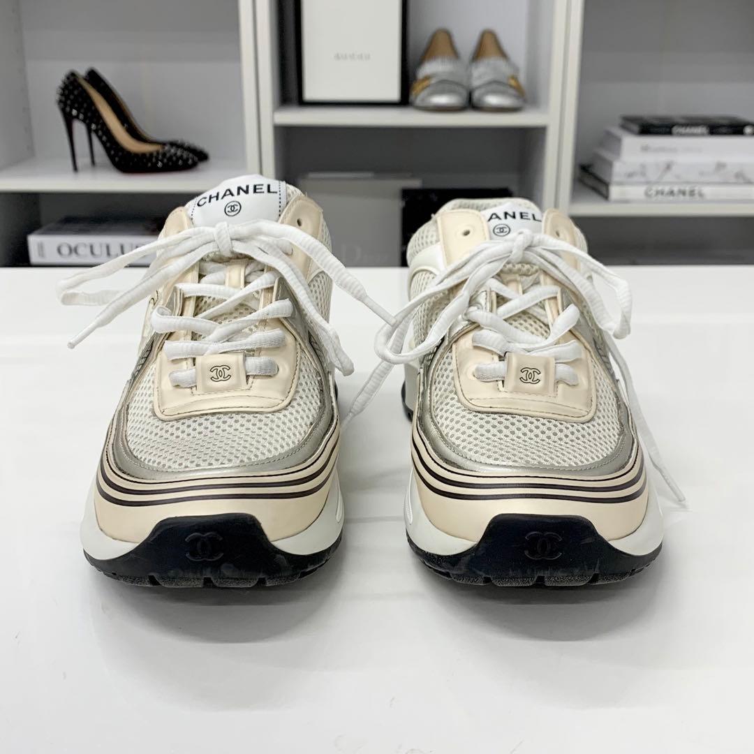 Chanel CC Logo Mesh Leather Sneakers Beige — view 3