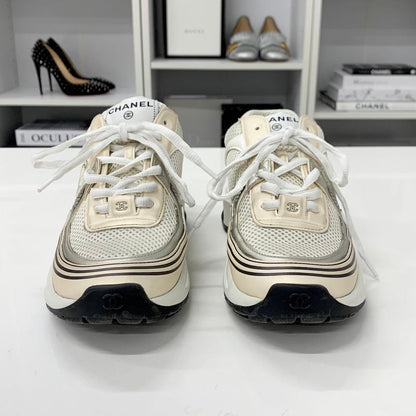 Chanel CC Logo Mesh Leather Sneakers Beige — view 3