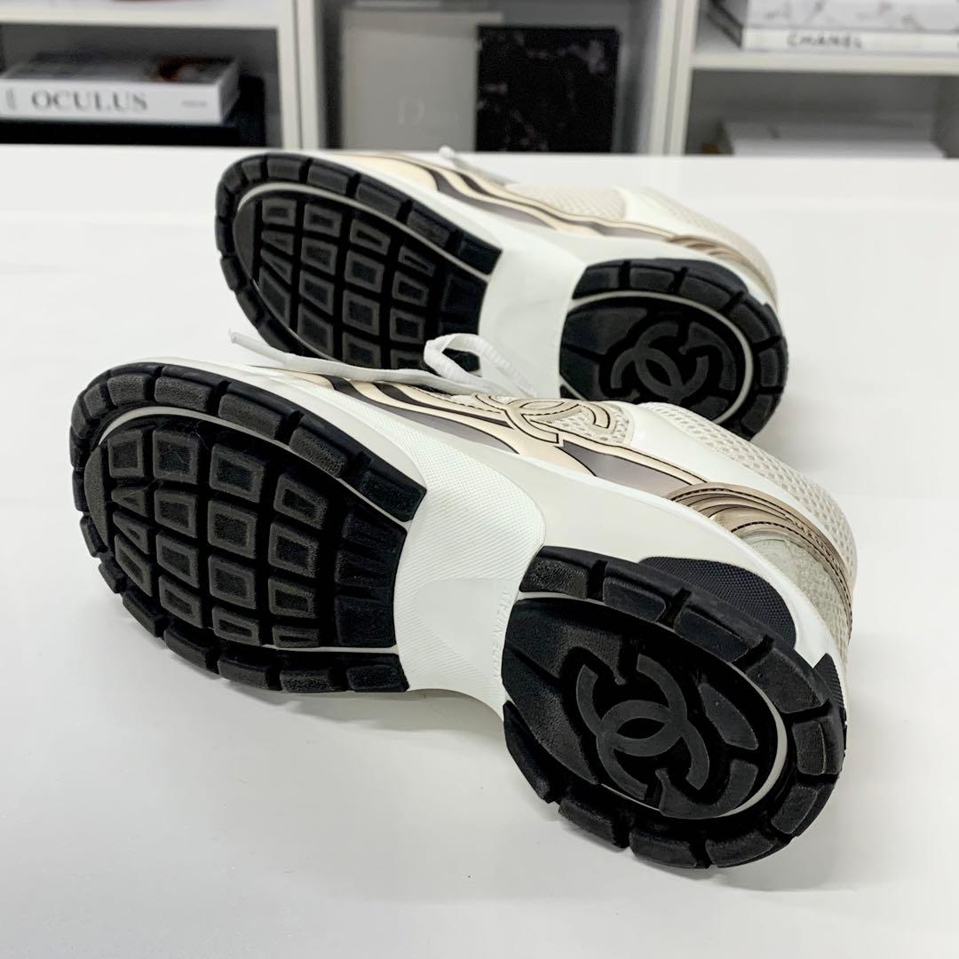 Chanel CC Logo Mesh Leather Sneakers Beige — view 6