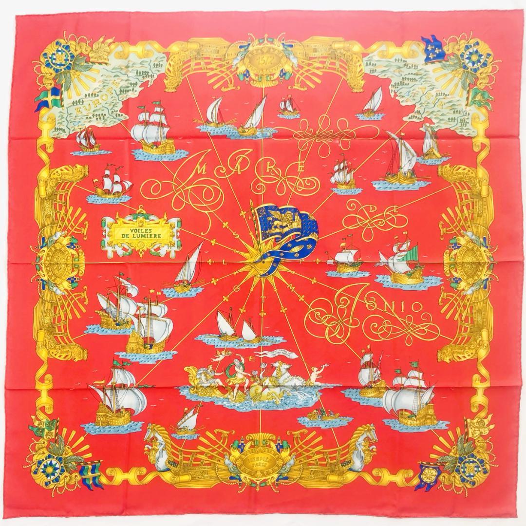 Hermes Carre 90 Light Sailboat Scarf Red with Tags