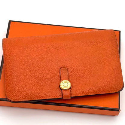 Hermes Wallet Dogon GM Taurillon Clemence Orange Gold