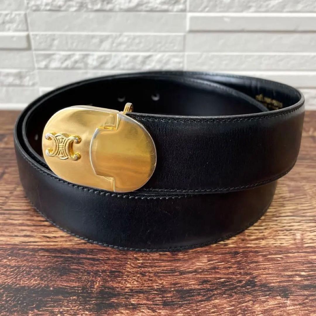 Celine Leather Triomphe Logo Buckle Belt Black