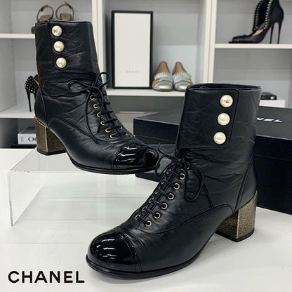 Chanel Leather Cocomark Pearl Wrinkled Lace-up Short Boots