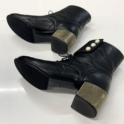 Chanel Leather Cocomark Pearl Wrinkled Lace-up Short Boots