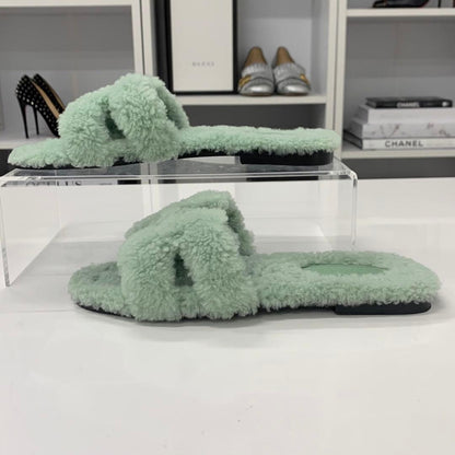 Hermes Oran Shearling Sandals Green