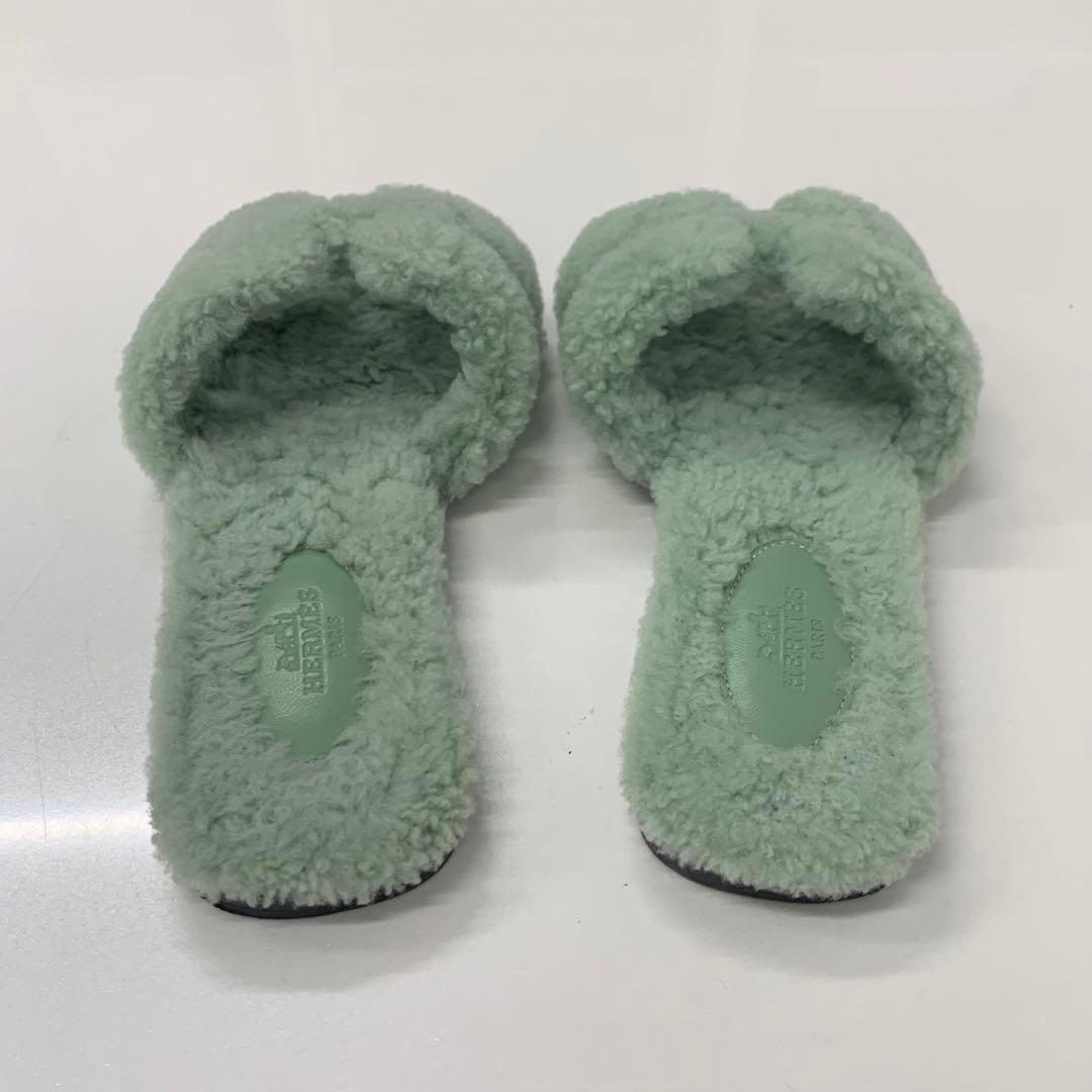 Hermes Oran Shearling Sandals Green
