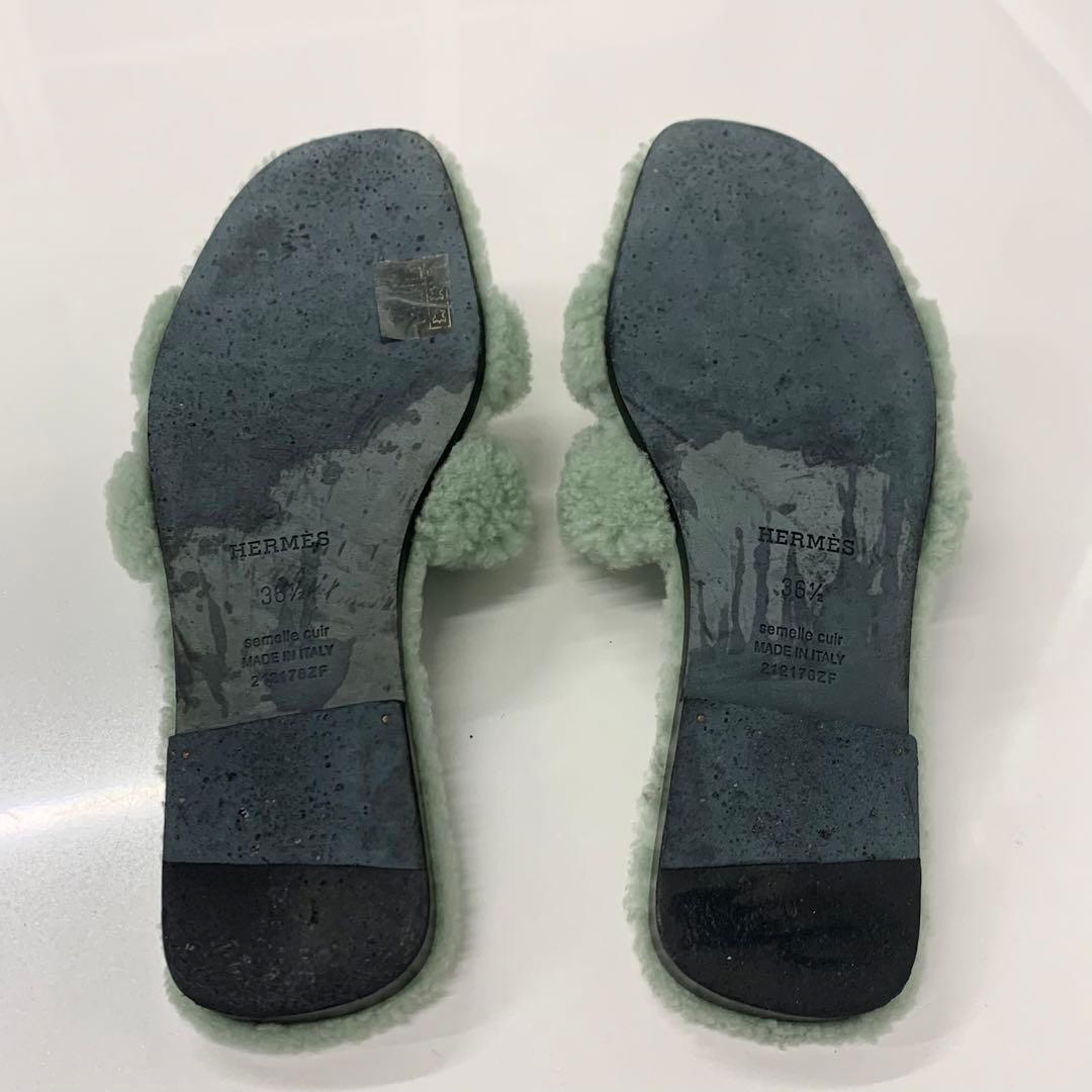 Hermes Oran Shearling Sandals Green