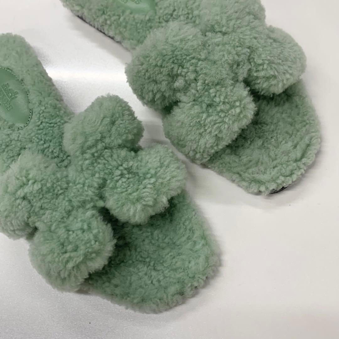 Hermes Oran Shearling Sandals Green