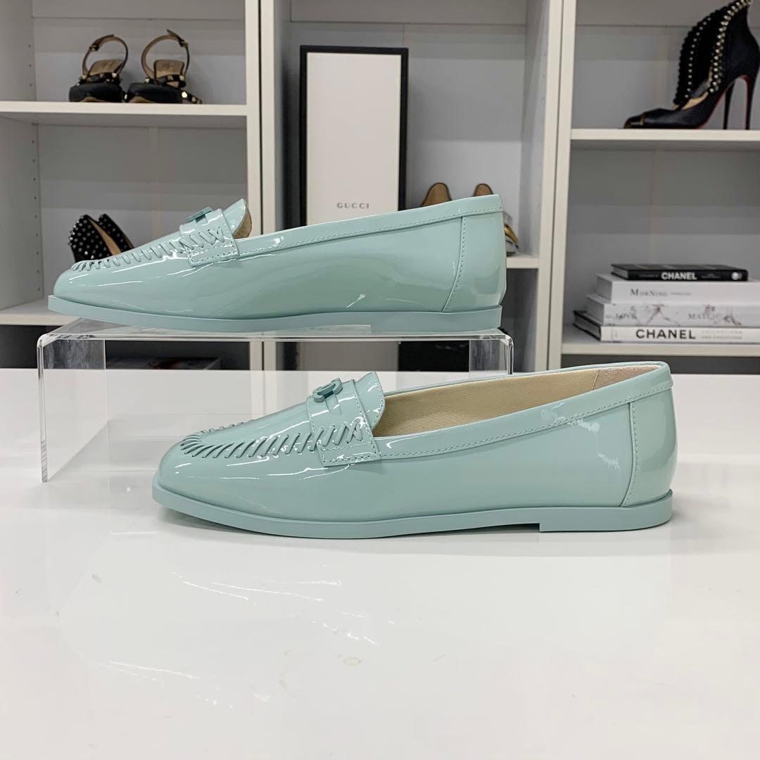 Chanel CC Logo Stitch Patent Loafers Light Blue — view 3