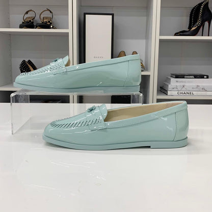 Chanel CC Logo Stitch Patent Loafers Light Blue — view 3