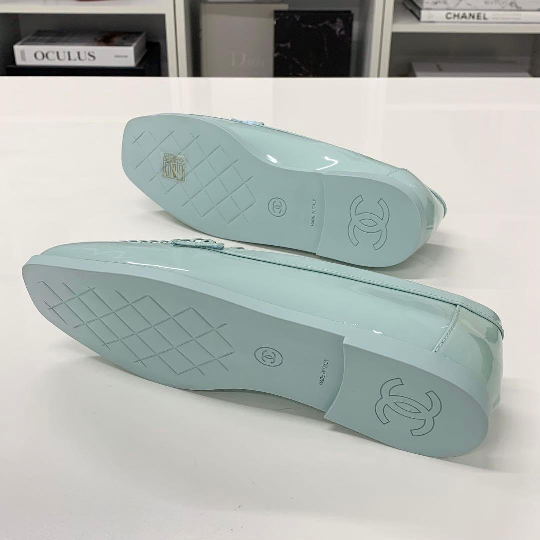 Chanel CC Logo Stitch Patent Loafers Light Blue — view 6