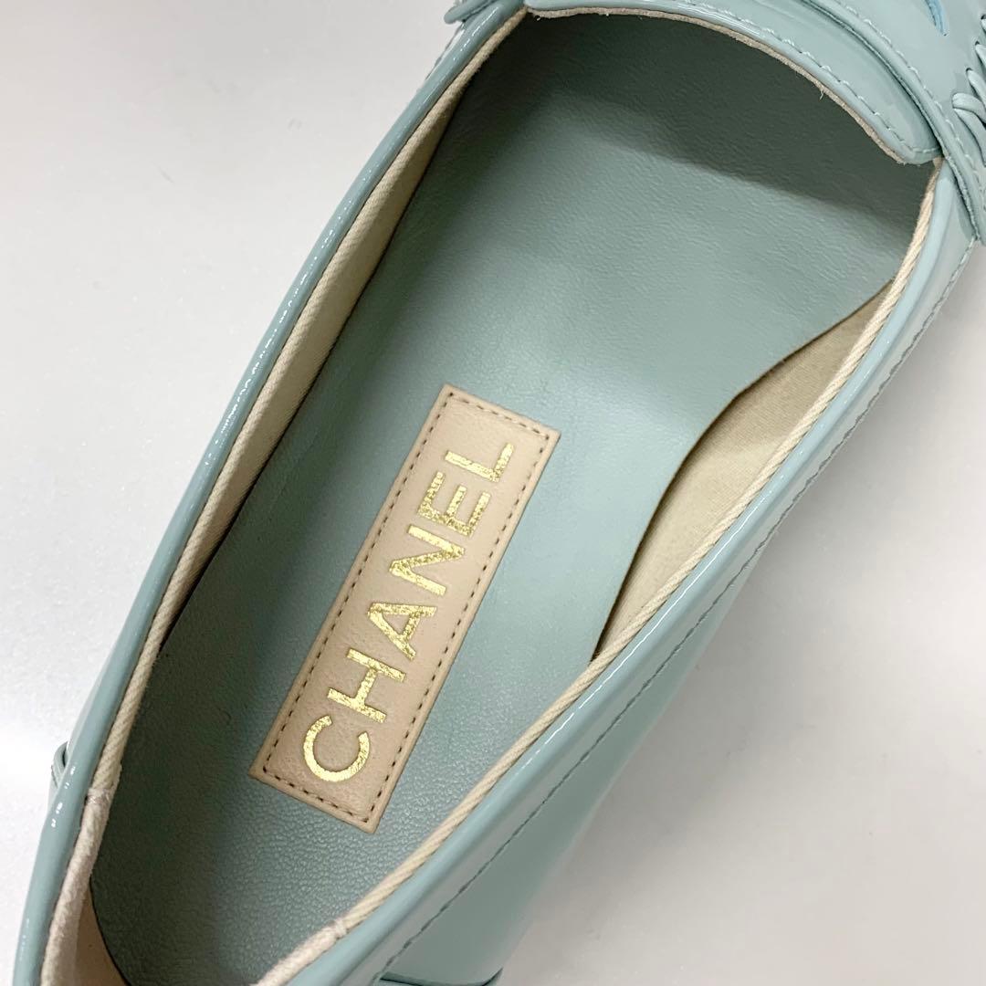 Chanel CC Logo Stitch Patent Loafers Light Blue — view 7