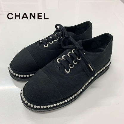 Chanel Cocomark Pearl Fabric Lace Up Shoes Black