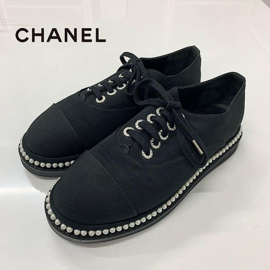 Chanel Cocomark Pearl Fabric Lace Up Shoes Black