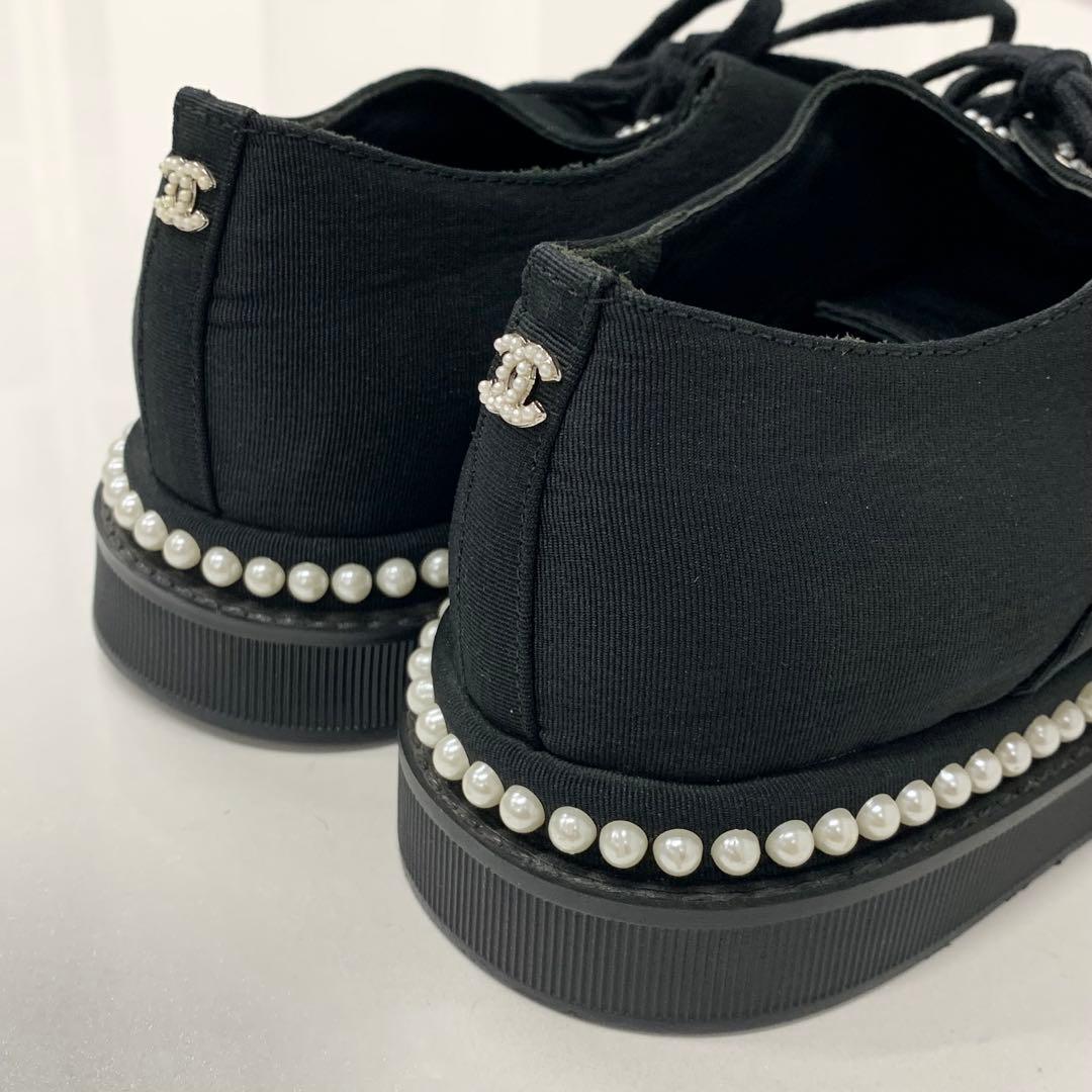 Chanel Cocomark Pearl Fabric Lace Up Shoes Black