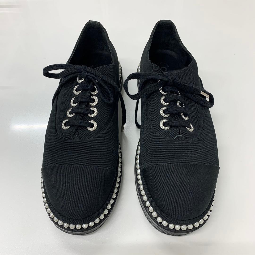 Chanel Cocomark Pearl Fabric Lace Up Shoes Black