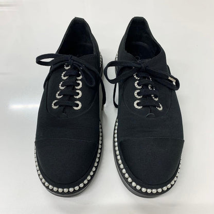 Chanel Cocomark Pearl Fabric Lace Up Shoes Black